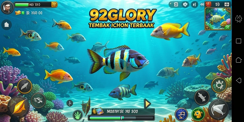 Menampilkan gameplay seru dalam 92GLORY, saat menembak ikan di bawah laut.