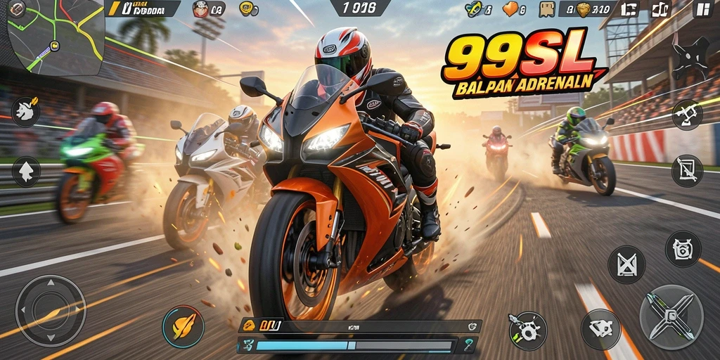 Screenshot menunjukkan balapan motor dengan grafis hidup dan lintasan yang menantang.