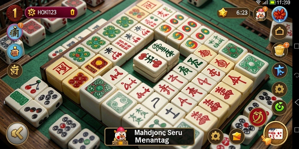 Screenshot gameplay HOKI123 yang menampilkan antarmuka Mahjong yang menarik.