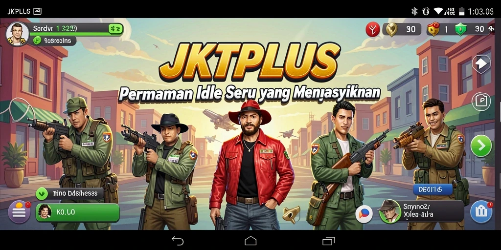 Tampilan gameplay JKTPLUS dengan karakter dan sumber daya yang beragam.