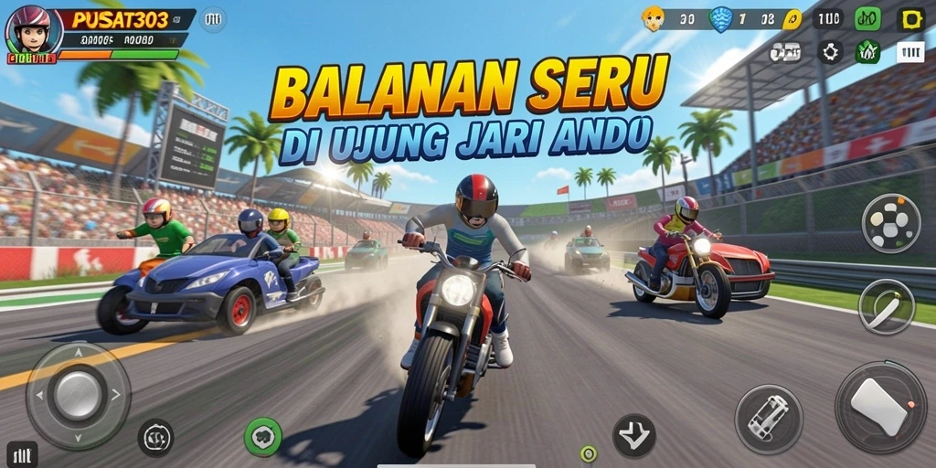 Tampilan gameplay balapan seru di PUSAT303 dengan mobil dan trek yang bervariasi.