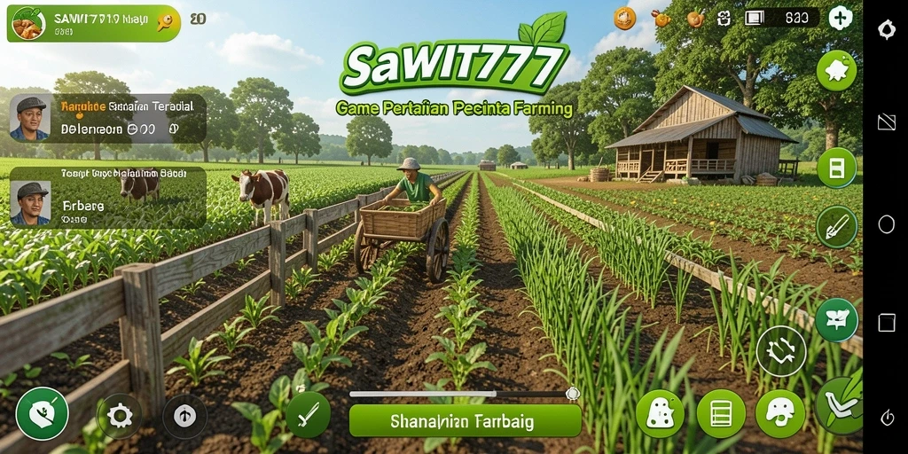 Screenshot gameplay <strong>SAWIT777</strong> menunjukkan petani sibuk merawat kebun sawit.